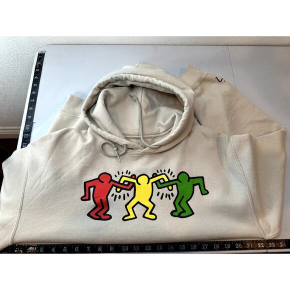 Keith Haring Hooded Sweatshirt Men’s/Unisex M Beige Colorful Logo Front Pocket - Picture 5 of 10